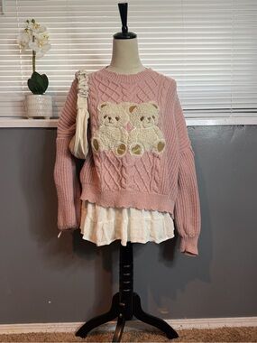 ROMWE Pink Teddy Bear Cable Knit Sweater Size S Coquette Kawaii